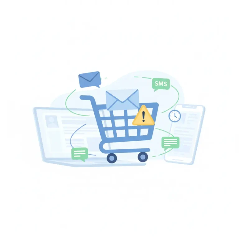 Abandoned cart recovery concept with shopping cart, email and SMS notifications for e-commerce sales automation