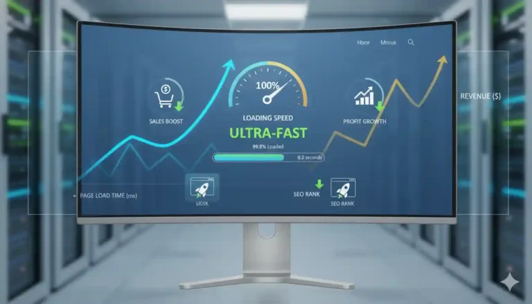 Computer screen showing a fast-loading website with sales growth icons and speed indicators.