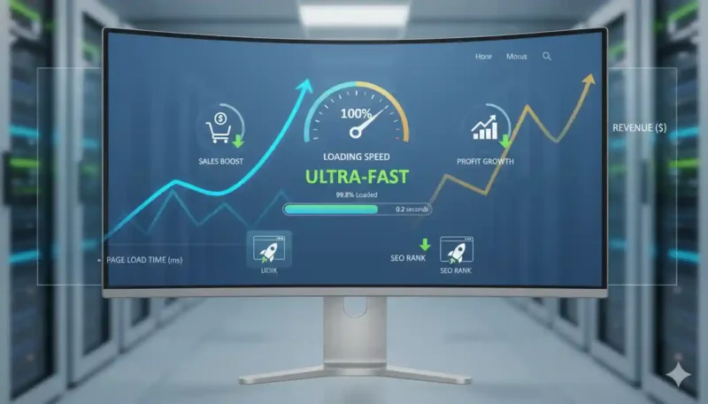 Computer screen showing a fast-loading website with sales growth icons and speed indicators.